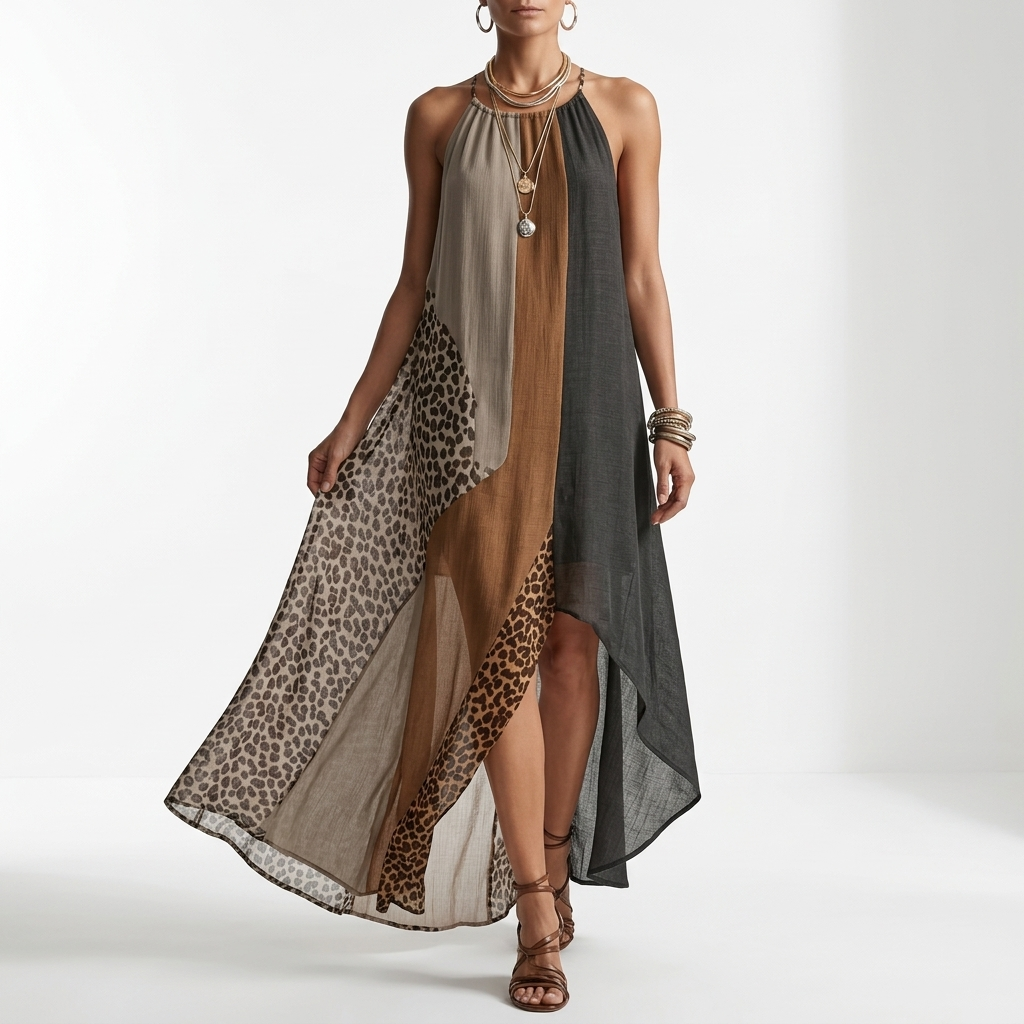 Halter Maxi Dress with Animal Print Color Block