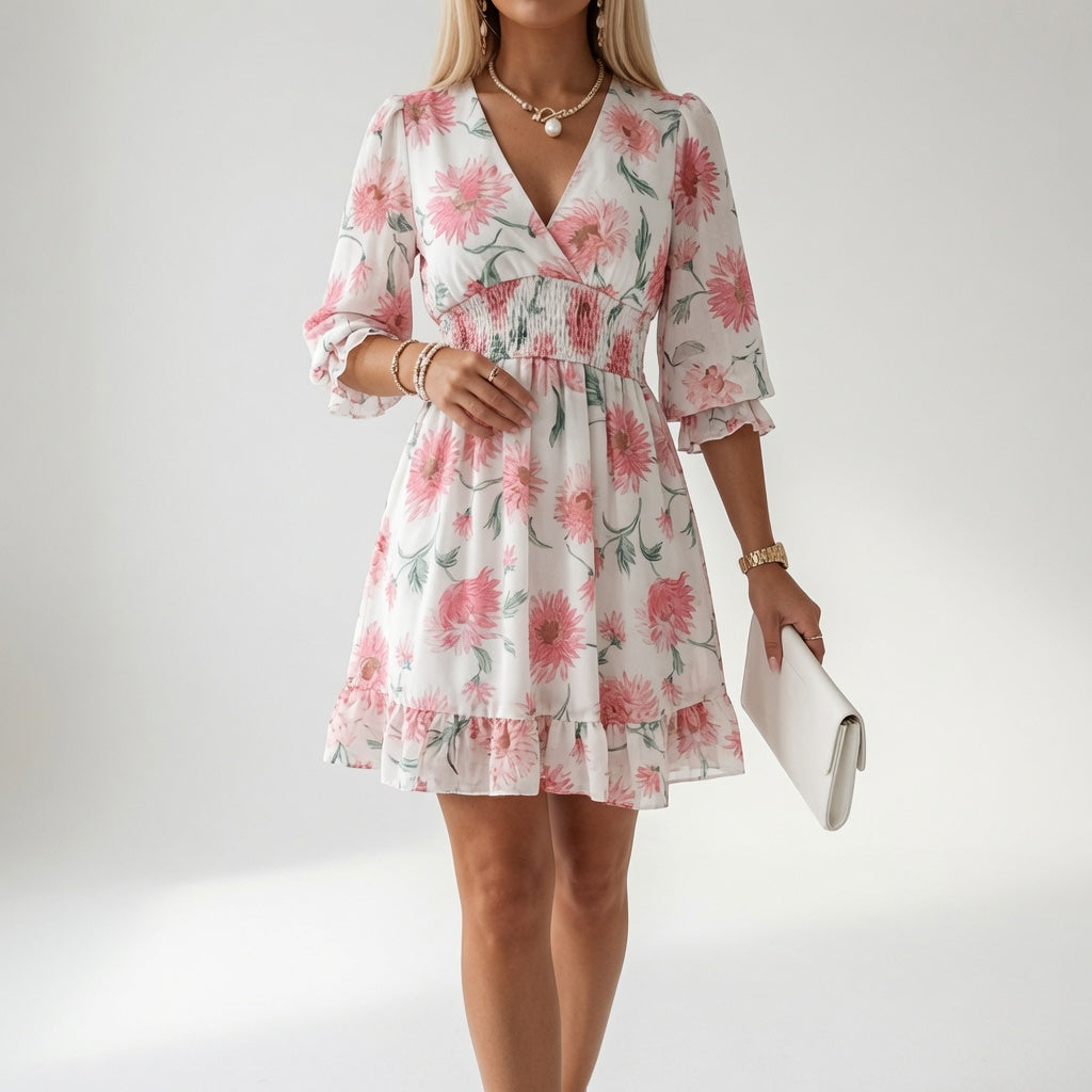 Floral Mini Dress with Smocked Waist