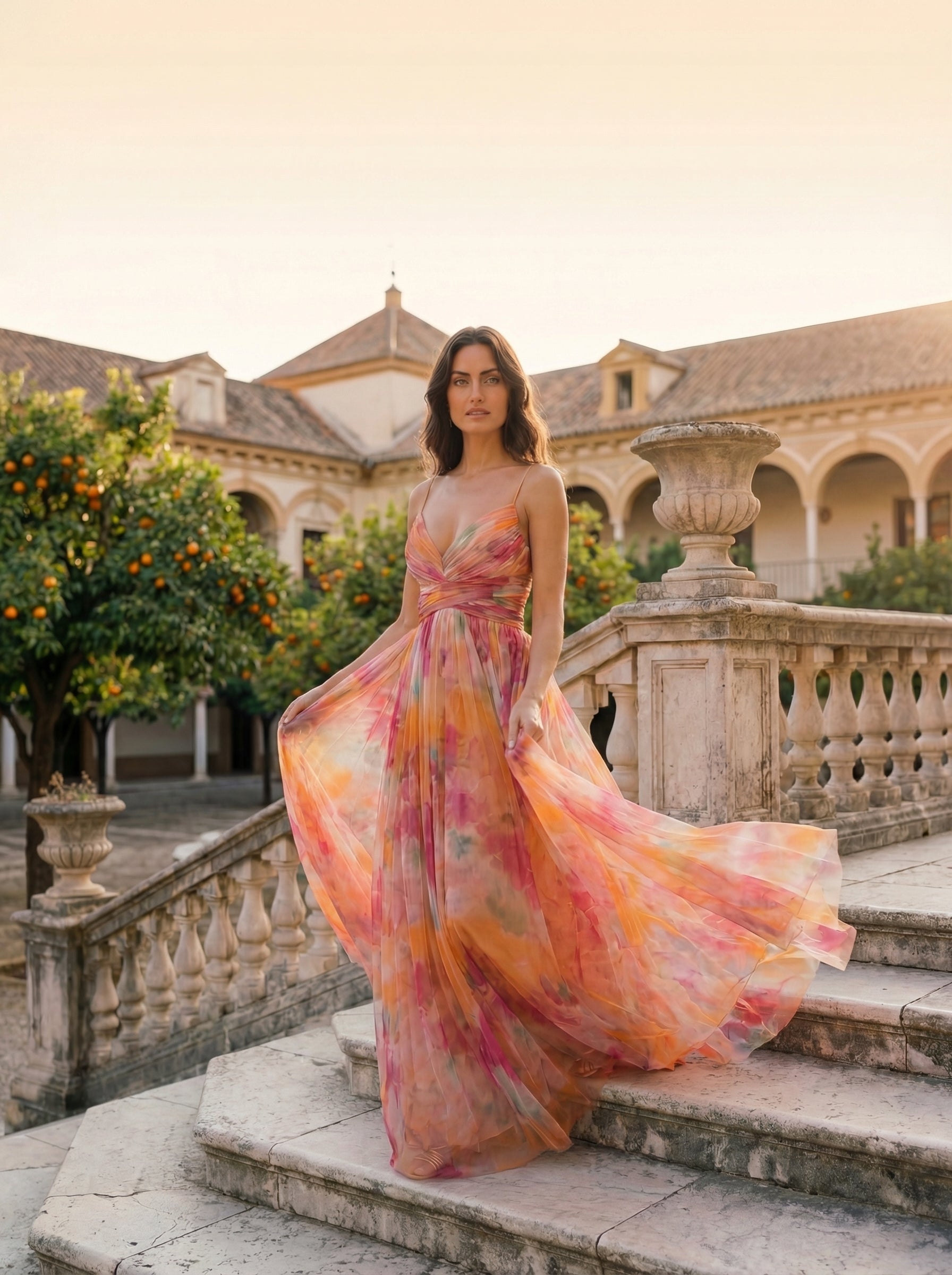 Watercolor Floral Print Silk Maxi Dress