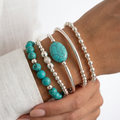 Turquoise and Silver Pearl Bracelet Set Bohemian