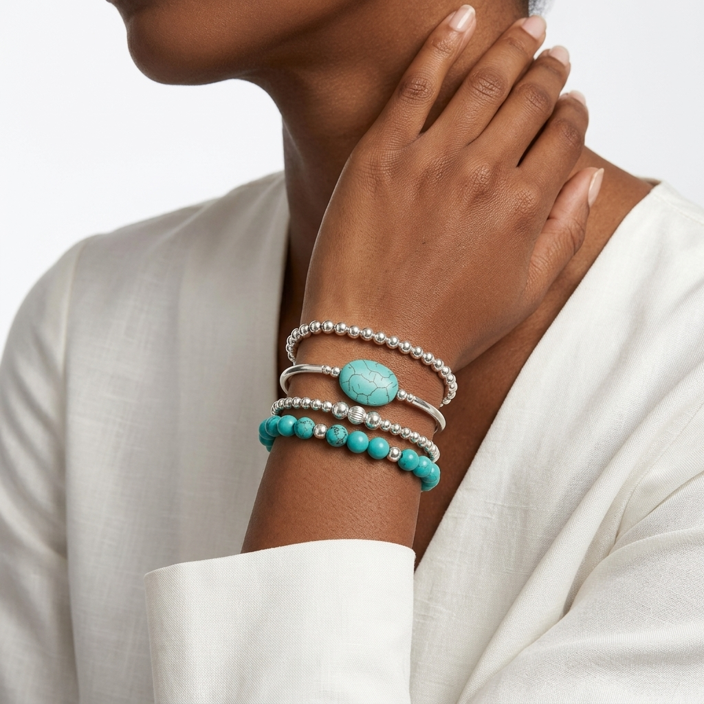Turquoise and Silver Pearl Bracelet Set Bohemian