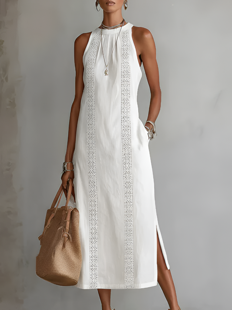 Linen Midi Dress with Mandarin Collar - White