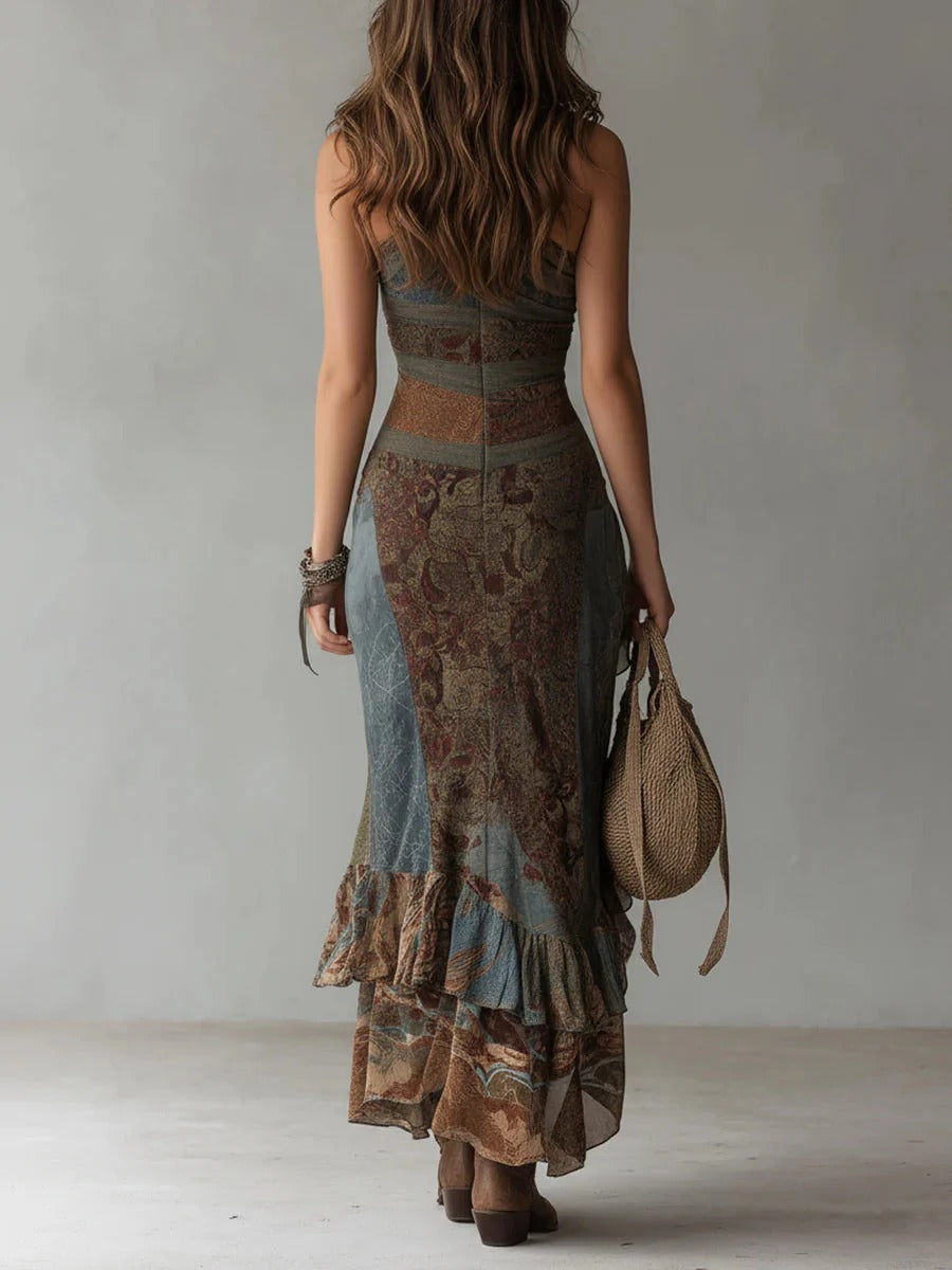 Asymmetric Maxi Dress with Ethnic Print and Side Slit - Brown