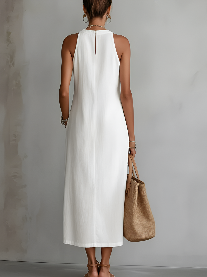 Linen Midi Dress with Mandarin Collar - Jimena