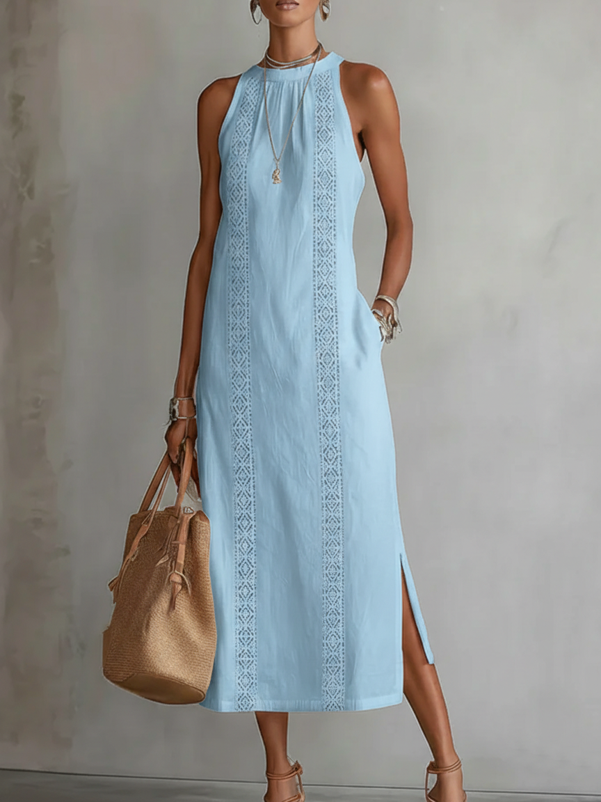 Linen Midi Dress with Mandarin Collar - White