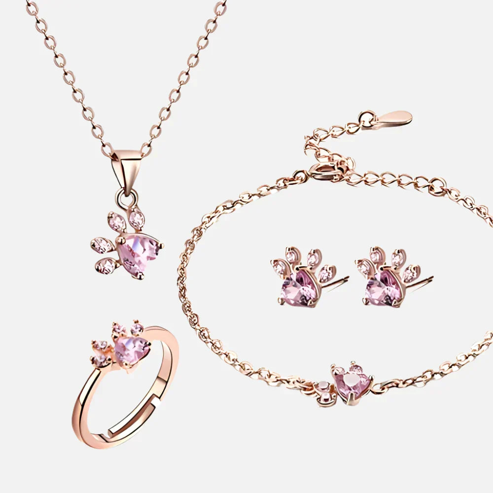 Four Piece Jewelry Set with Zirconia Paw and Heart