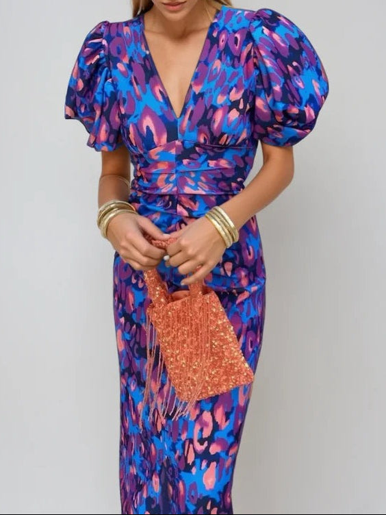 Midi Dress with Puff Sleeves