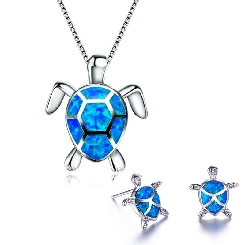 Exclusive Opal and Silver Sea Turtle Necklace and Earring Set