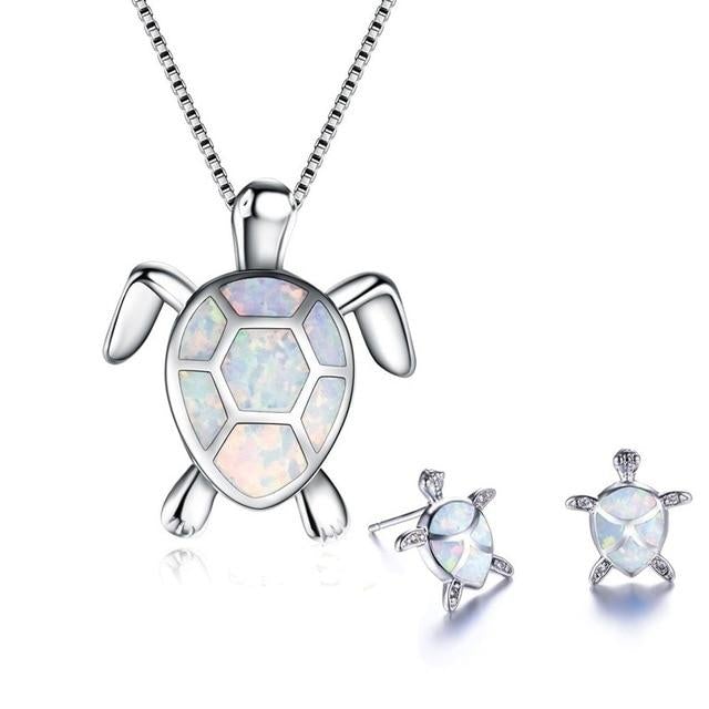 Exclusive Opal and Silver Sea Turtle Necklace and Earring Set