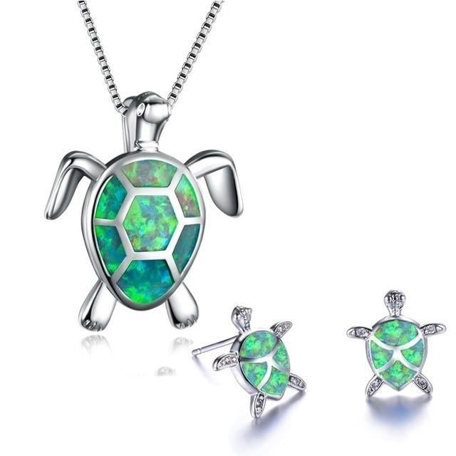 Exclusive Opal and Silver Sea Turtle Necklace and Earring Set