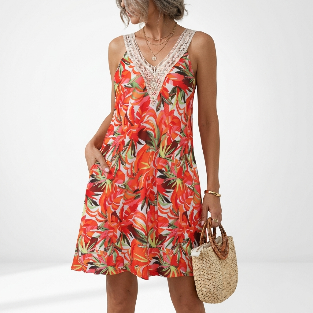 Tiered Tropical Print Strappy Mini Dress