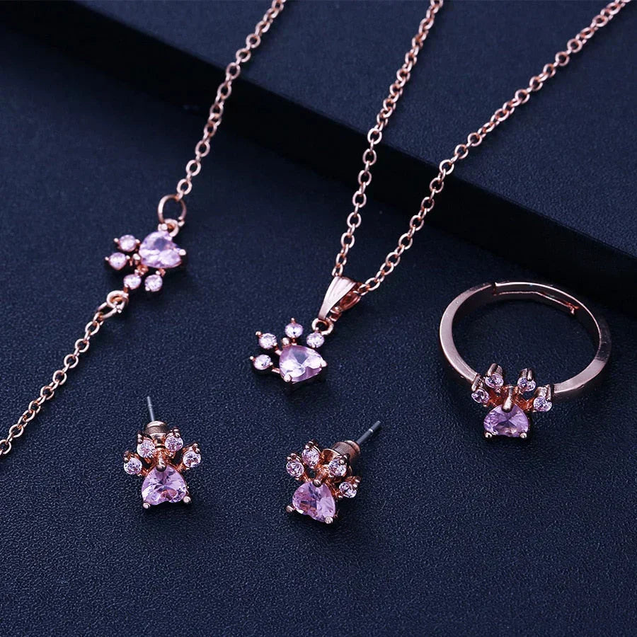 Four Piece Jewelry Set with Zirconia Paw and Heart