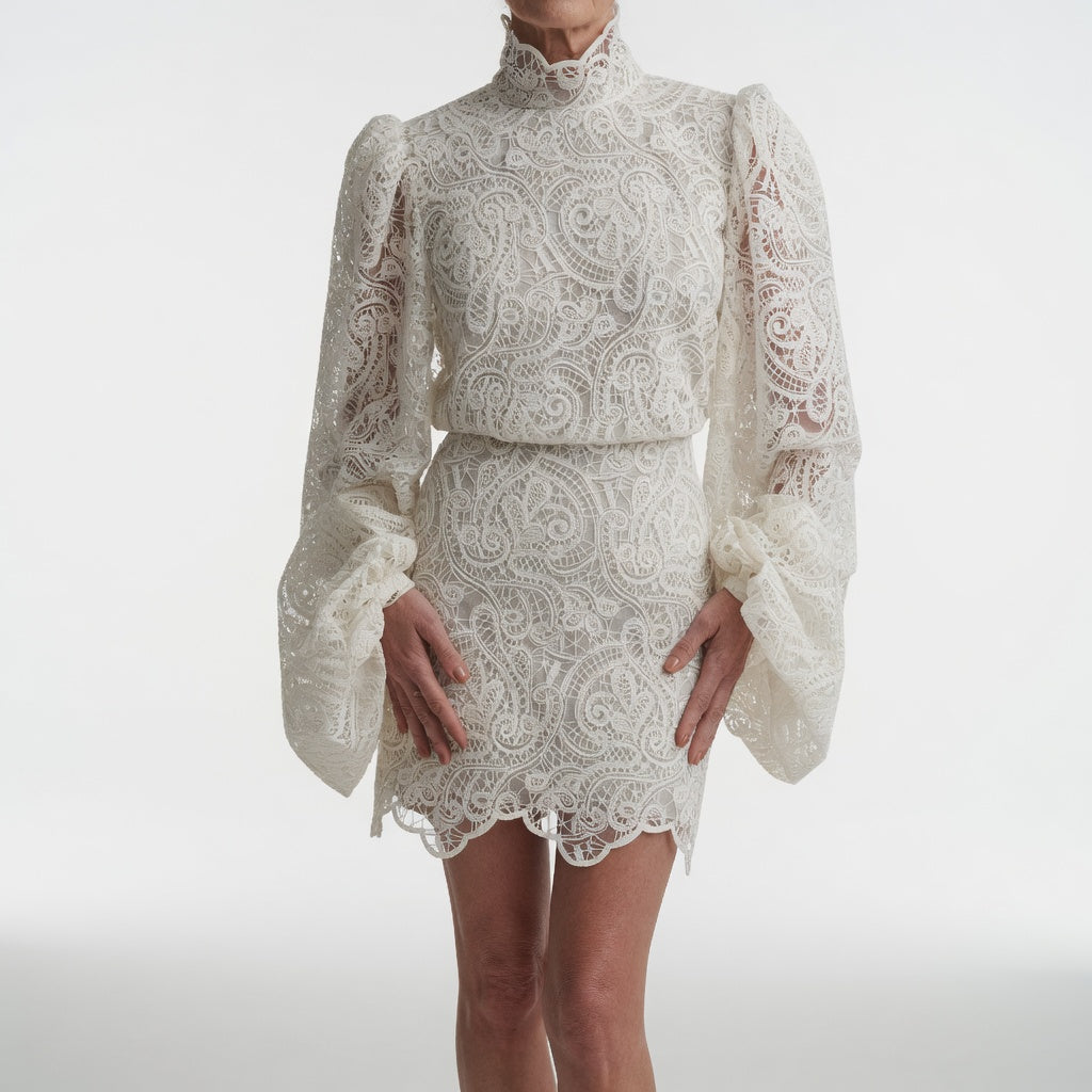 White Lace Dress with Puff Sleeves Romantic Elegance