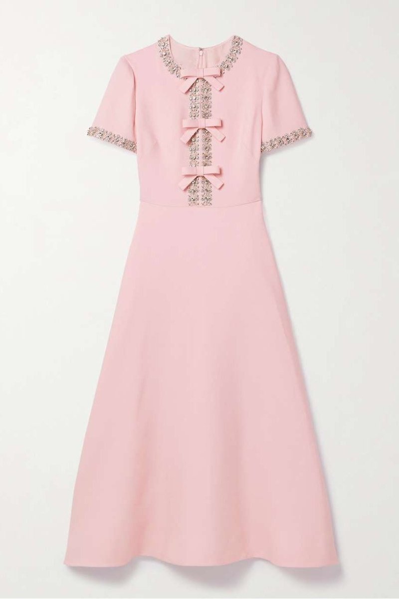 Satin Midi Dress with Bow and Crystal Embellishments