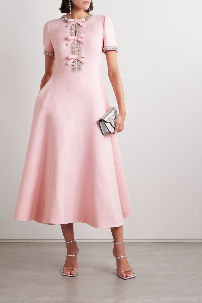 Satin Midi Dress with Bow and Crystal Embellishments