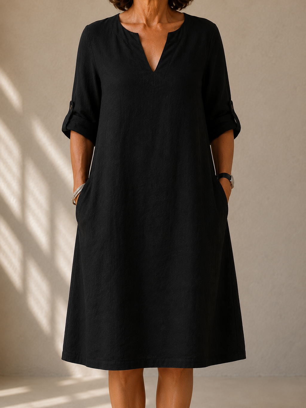 Straight Dress with Rolled Sleeves